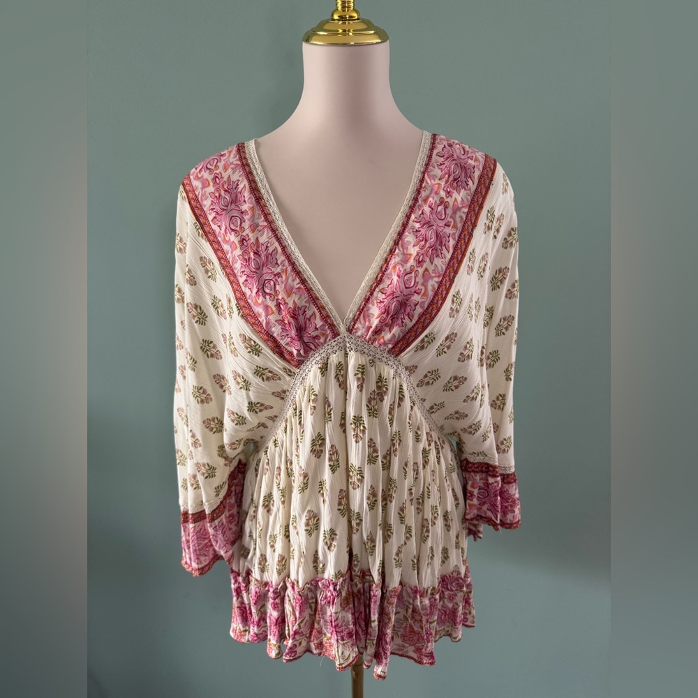 Angie Pink and Cream Ruffled Boho Blouse Large